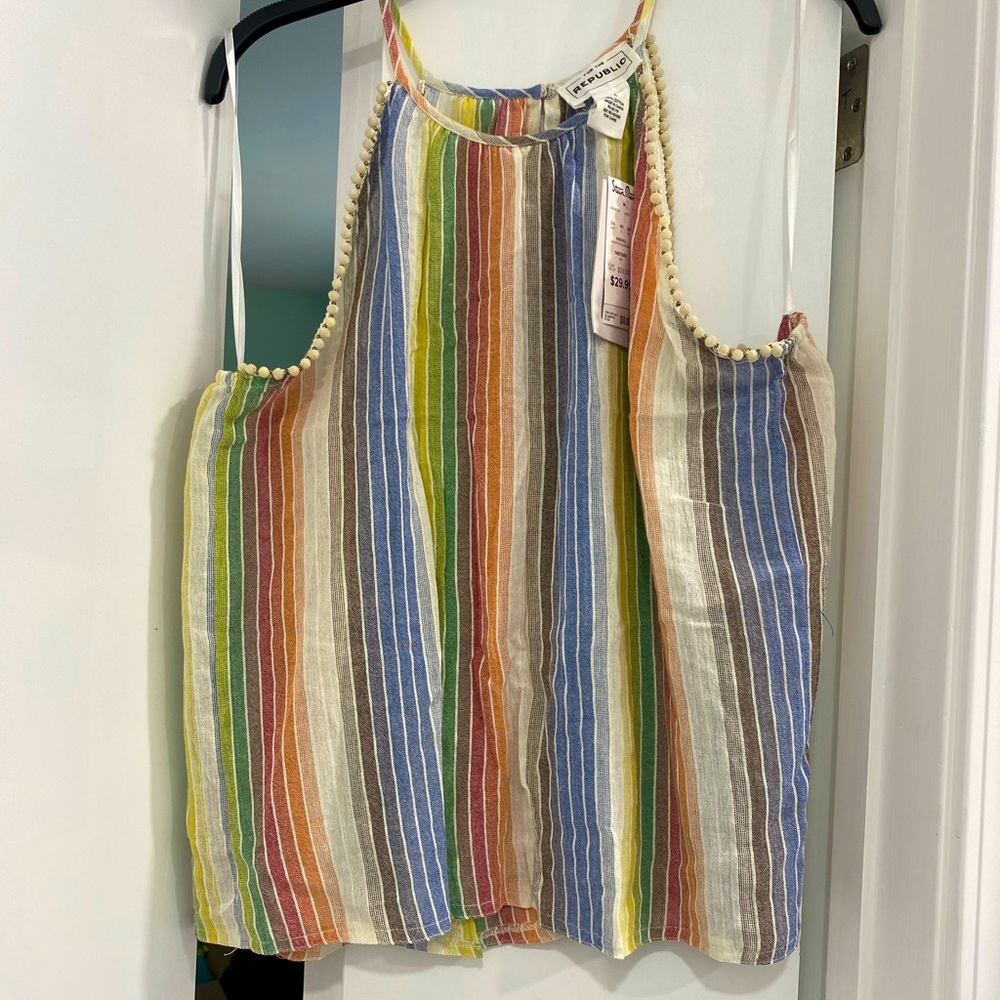 NWT For the Republic White Multicolor Stripe High Neck Halter Pom PomTop L Large